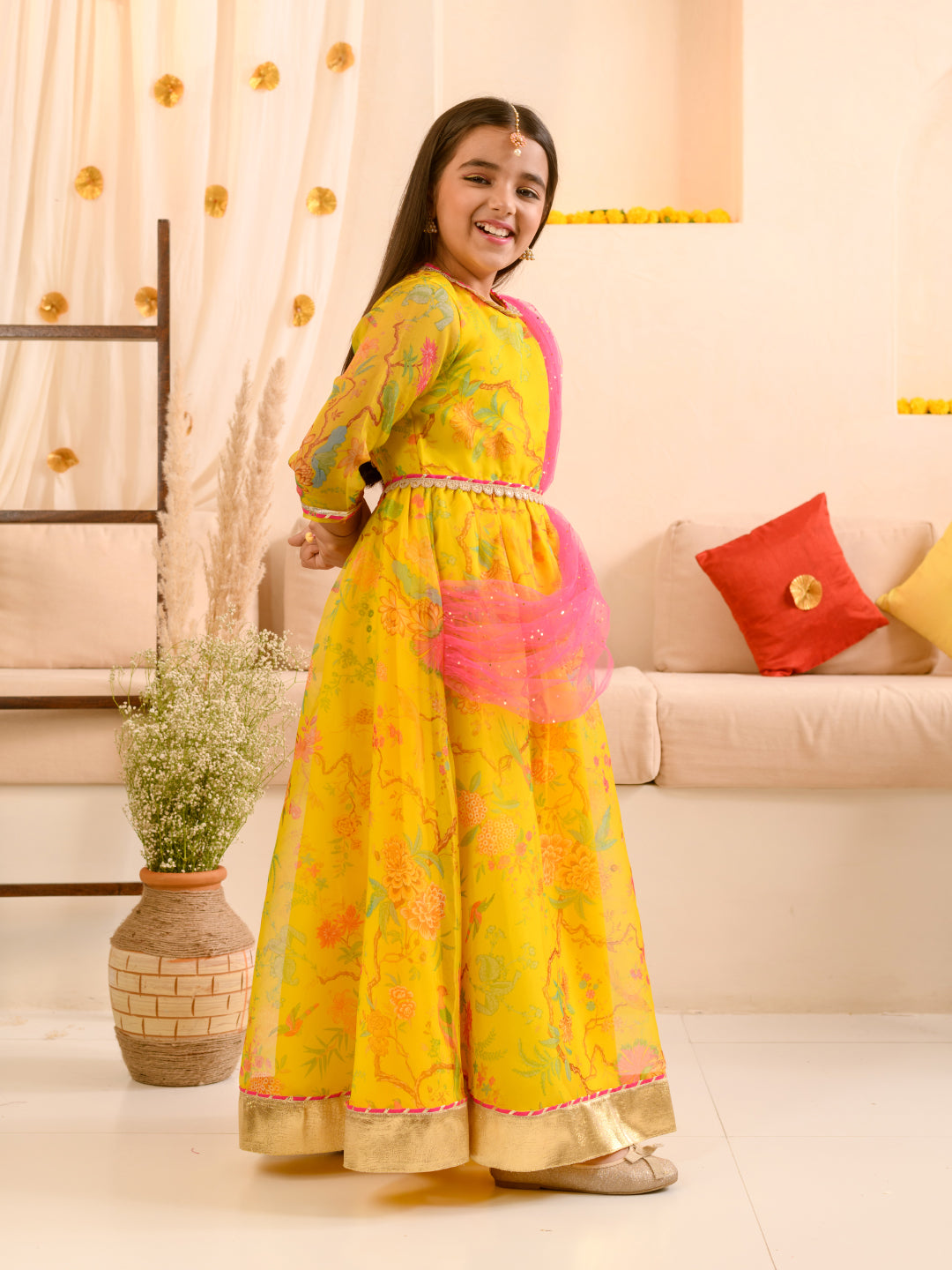 Pspeaches Girls Printed Fit Flare Maxi Ethnic Dress With Dupatta Waist Belt (IW-YELLOWORGANZA)