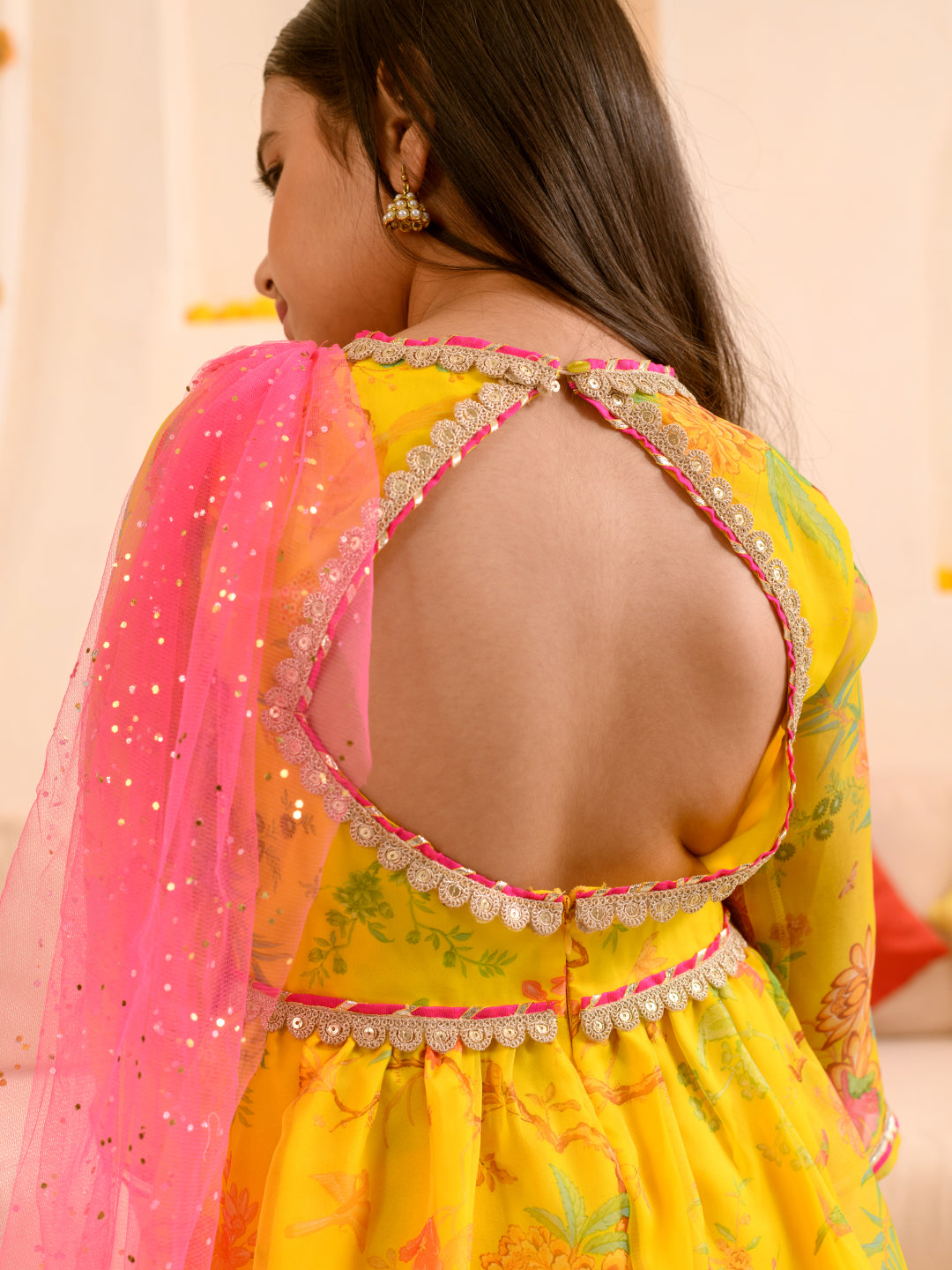 Pspeaches Girls Printed Fit Flare Maxi Ethnic Dress With Dupatta Waist Belt (IW-YELLOWORGANZA)