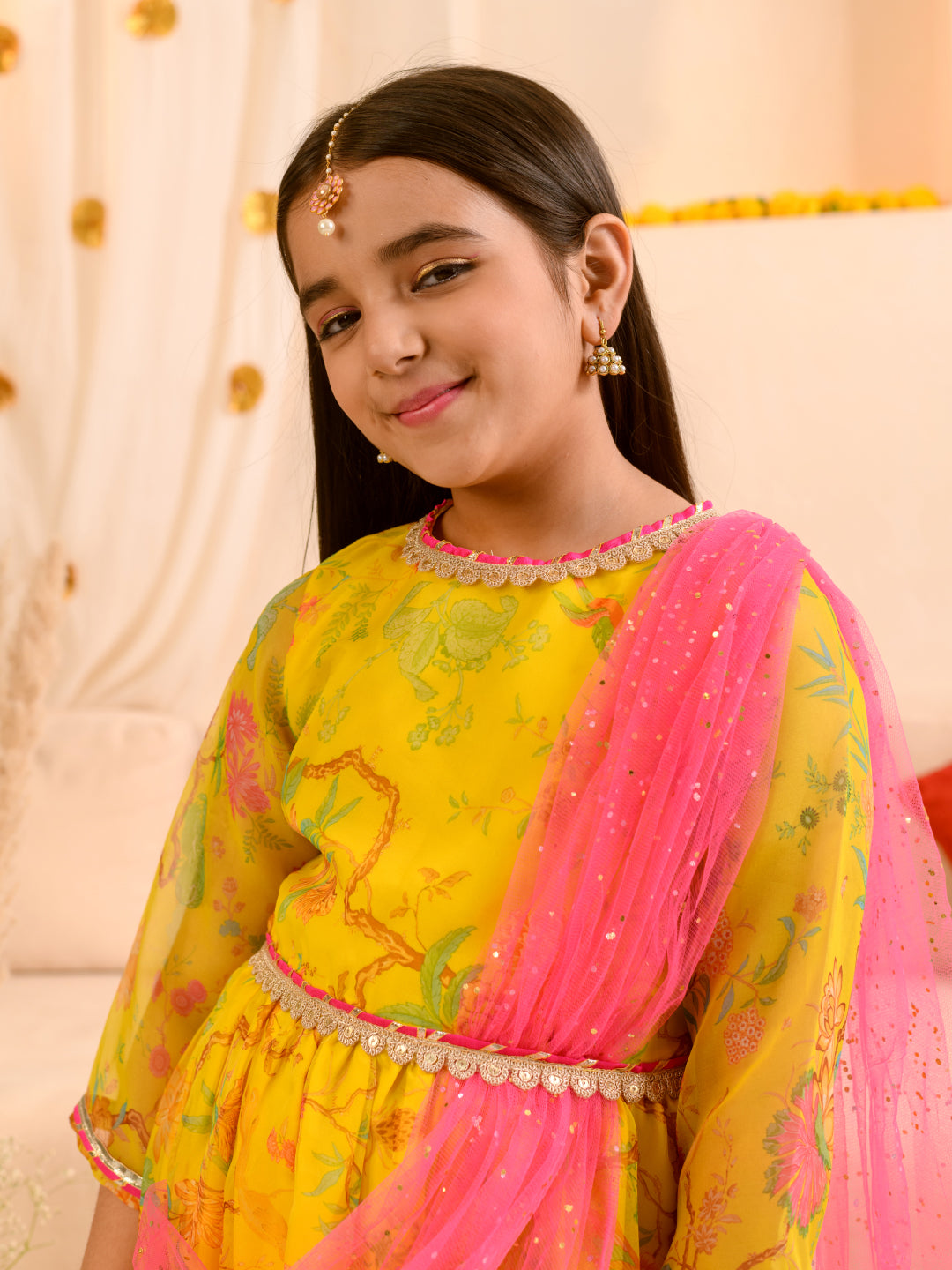 Pspeaches Girls Printed Fit Flare Maxi Ethnic Dress With Dupatta Waist Belt (IW-YELLOWORGANZA)