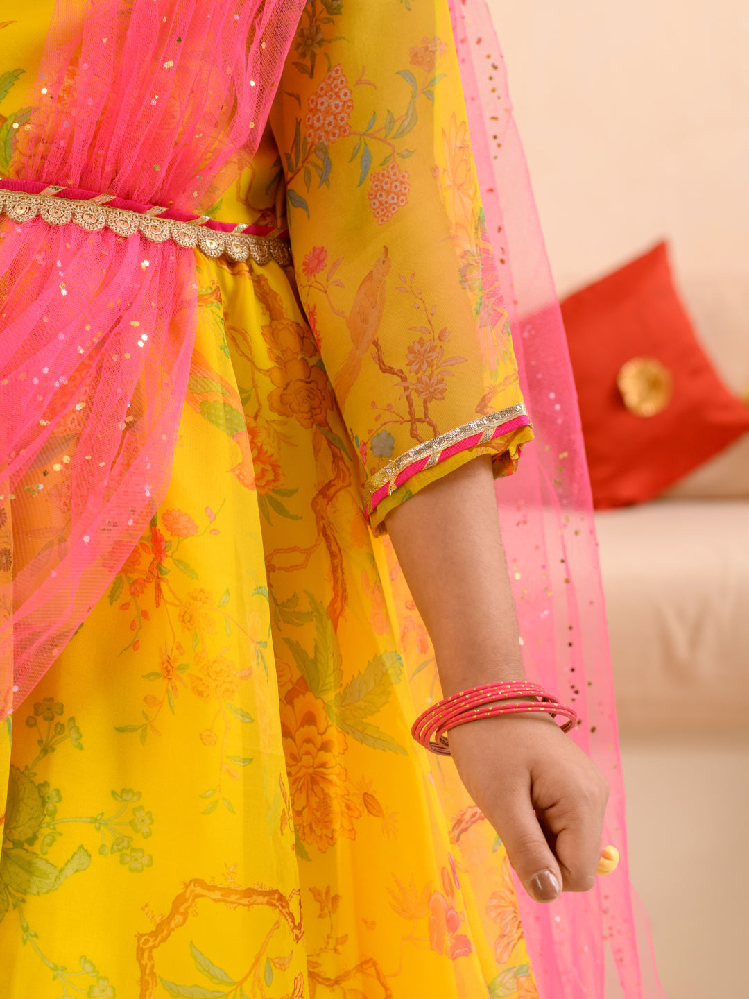 Pspeaches Girls Printed Fit Flare Maxi Ethnic Dress With Dupatta Waist Belt (IW-YELLOWORGANZA)