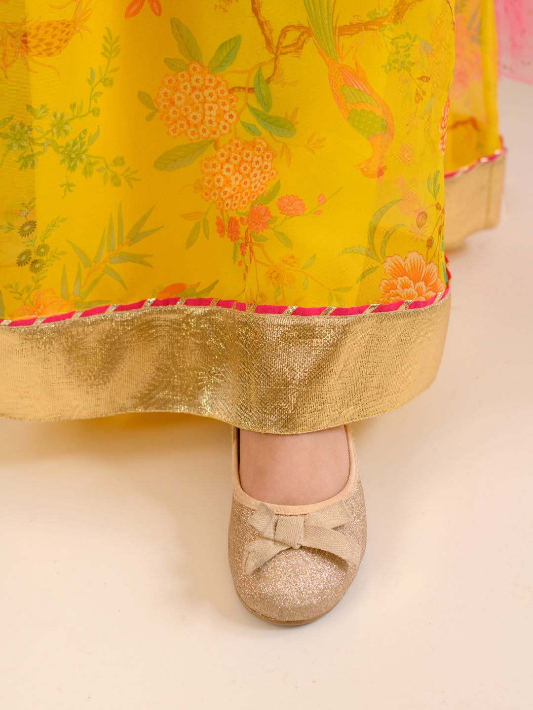 Pspeaches Girls Printed Fit Flare Maxi Ethnic Dress With Dupatta Waist Belt (IW-YELLOWORGANZA)
