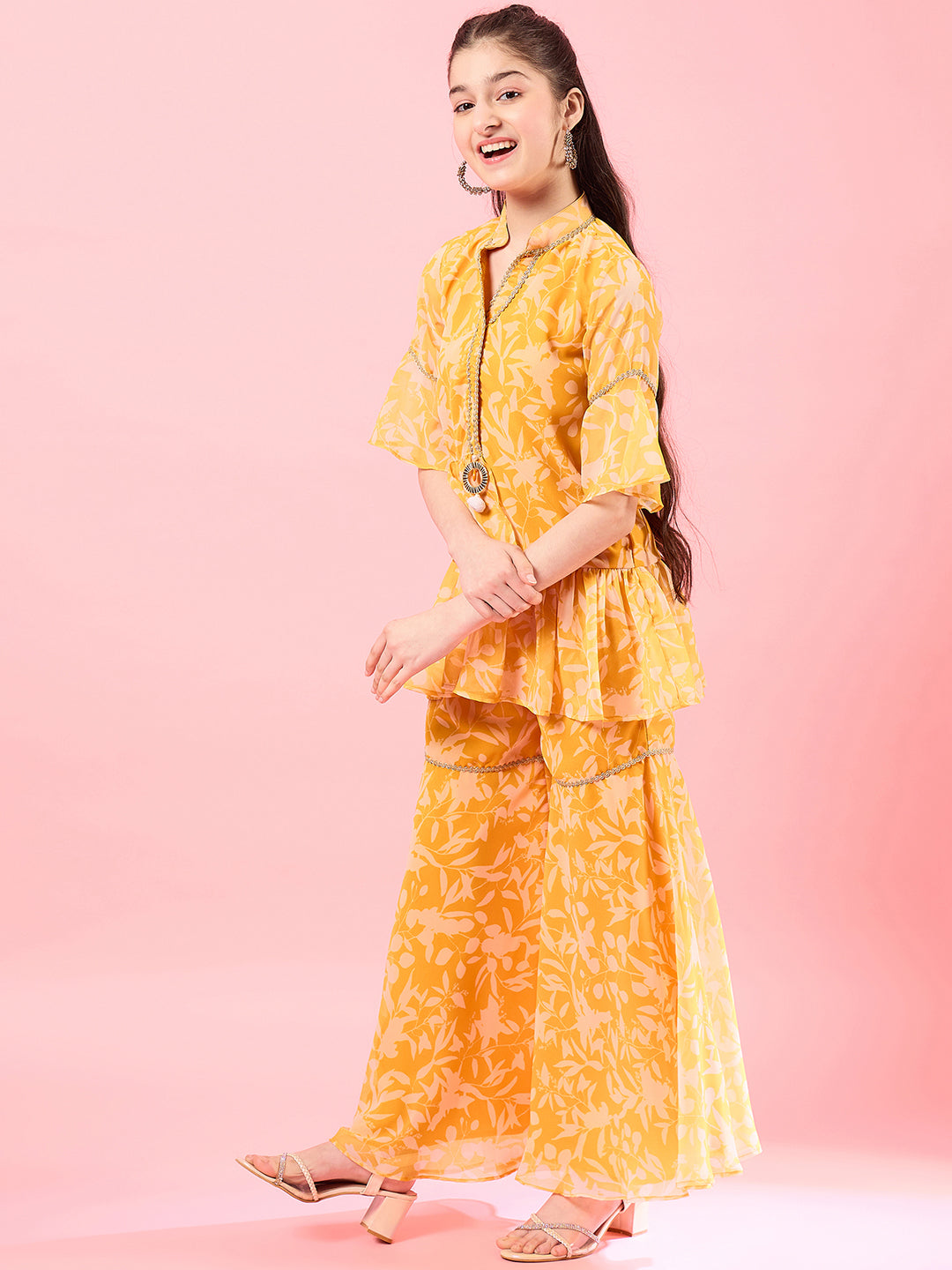 Girls Printed Tunic with Palazzos (IW-YELLOWWHITE)
