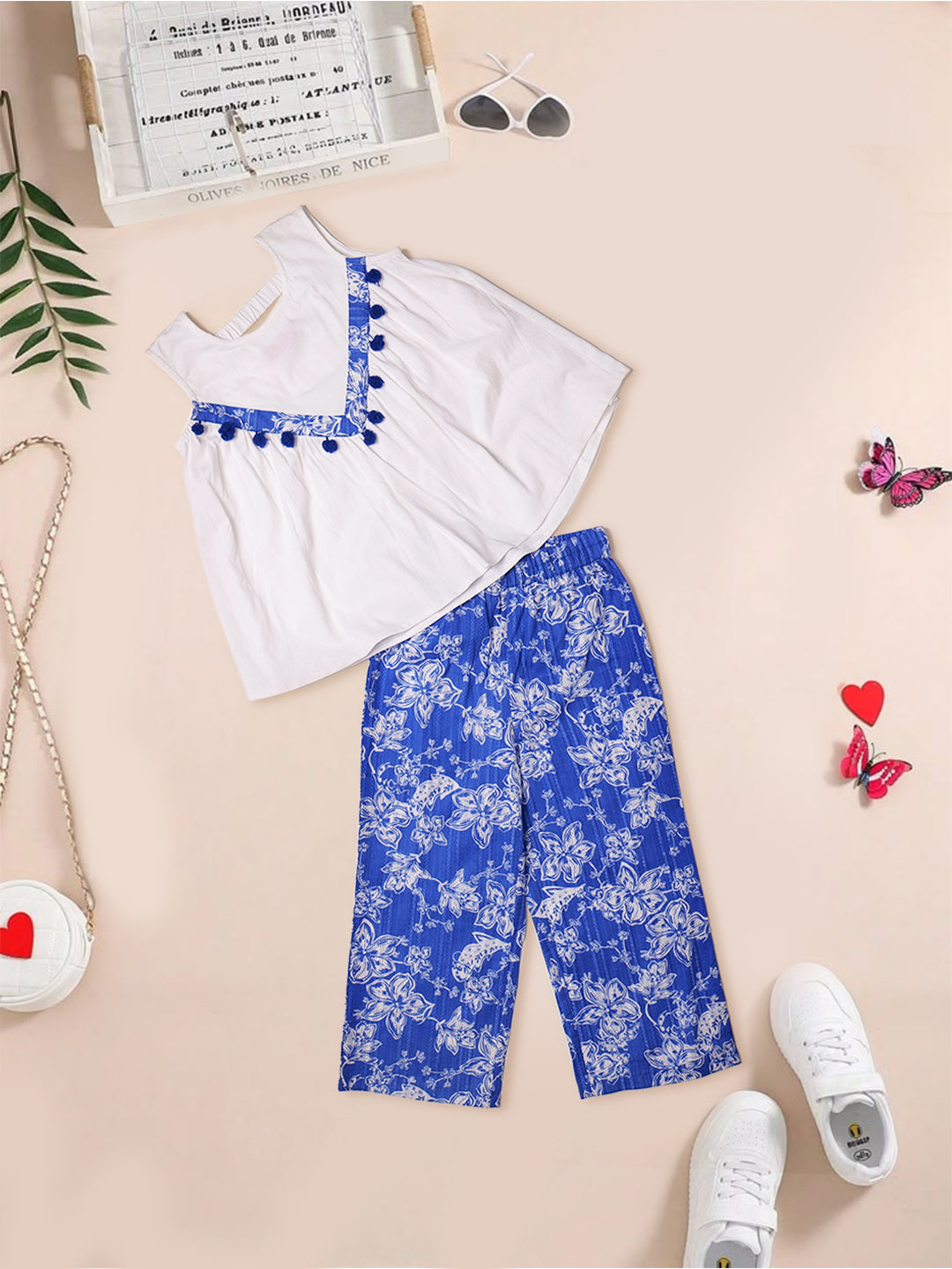 White & Blue Cotton Top & Palazzo Set (Iw25014610)