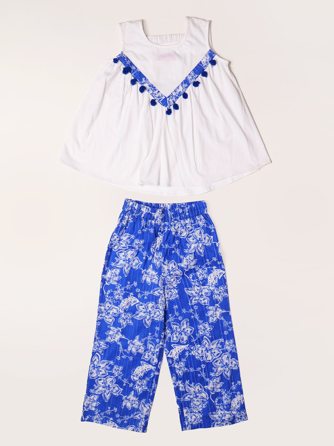 White & Blue Cotton Top & Palazzo Set (Iw25014610)