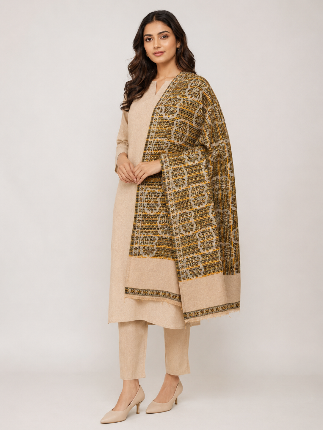 Pspeaches Women's Mustard Acrylic Raised Floral Woolen Shawl