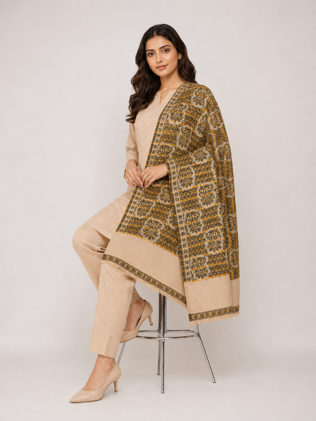 Pspeaches Women's Mustard Acrylic Raised Floral Woolen Shawl
