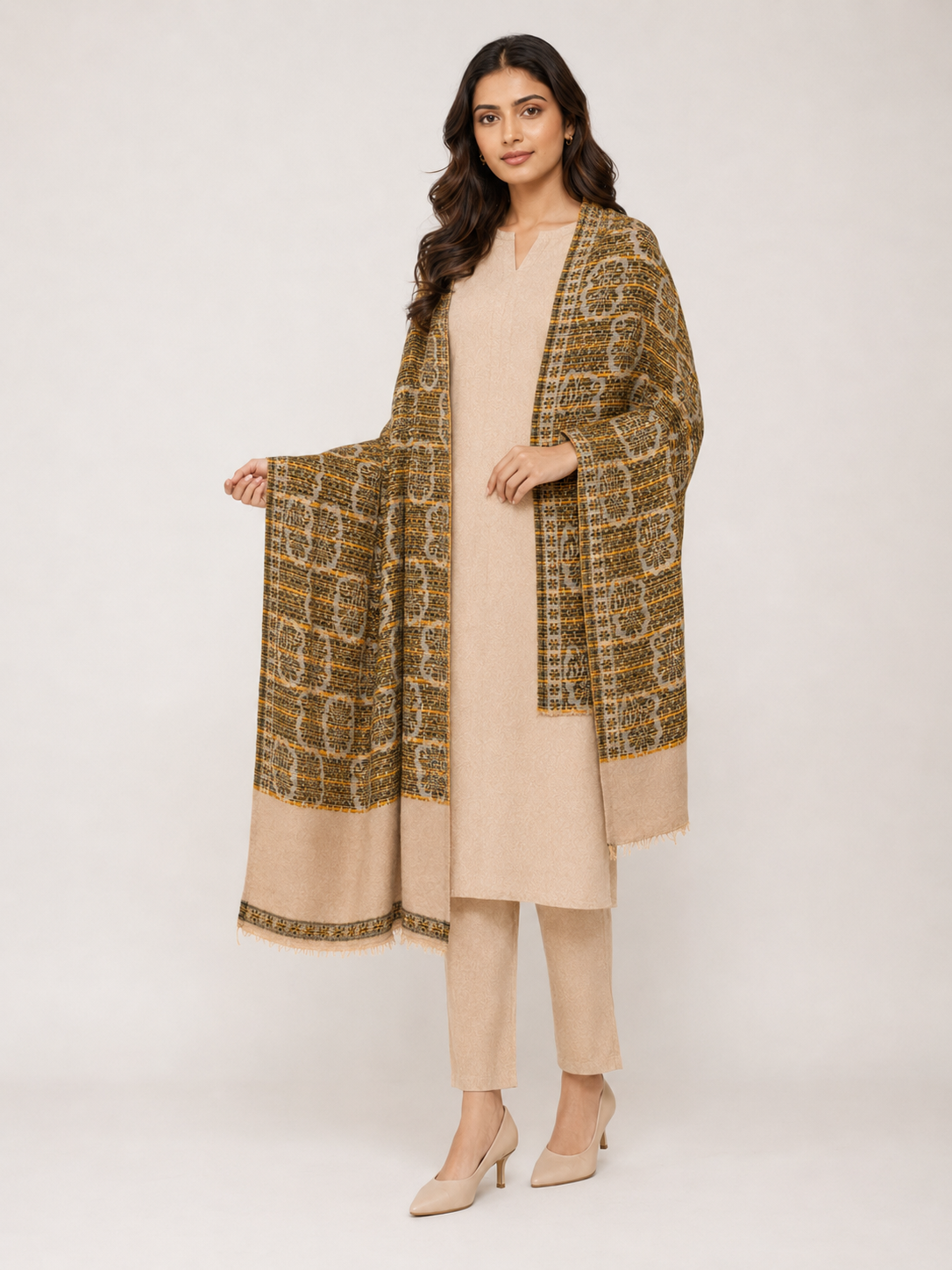 Pspeaches Women's Mustard Acrylic Raised Floral Woolen Shawl