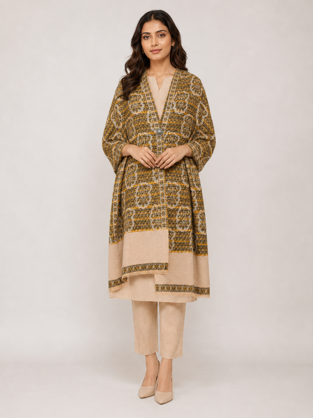Pspeaches Women's Mustard Acrylic Raised Floral Woolen Shawl