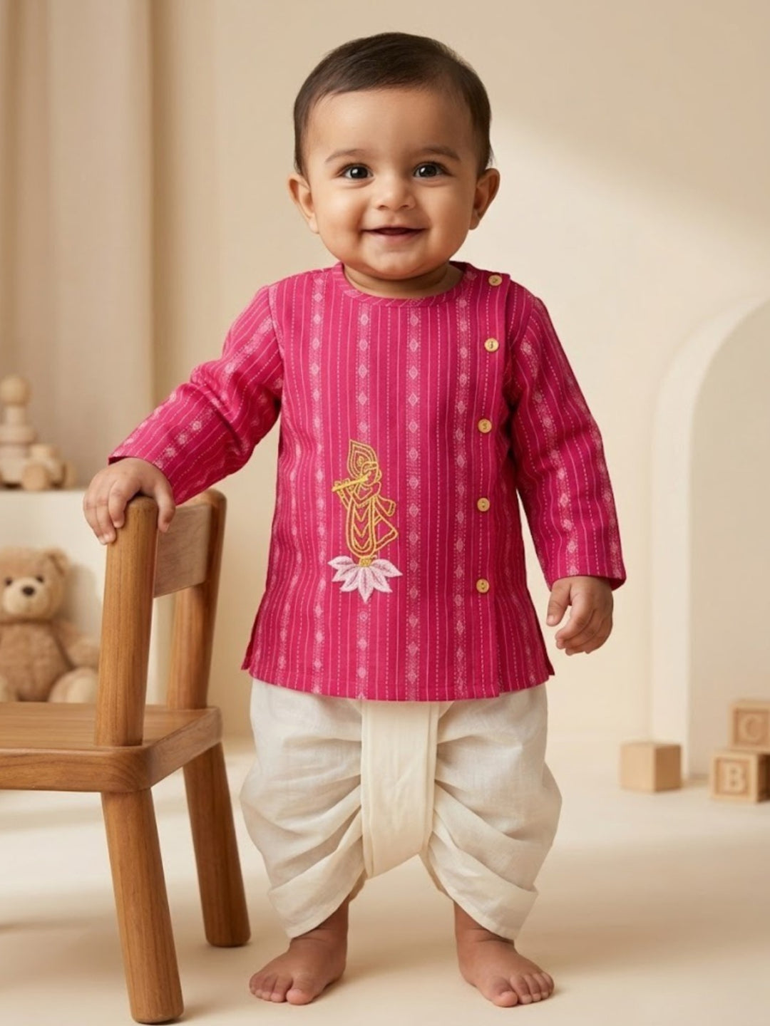 Pspeaches Baby Boy Magenta & White Ethnic Dobby Cotton Angrakha Kurta With Dhoti Set