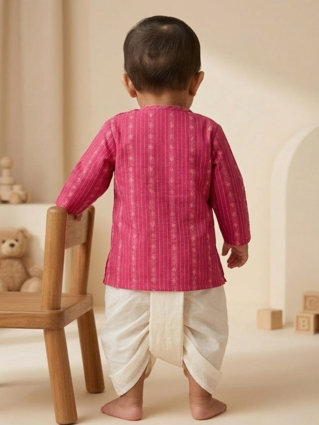 Pspeaches Baby Boy Magenta & White Ethnic Dobby Cotton Angrakha Kurta With Dhoti Set