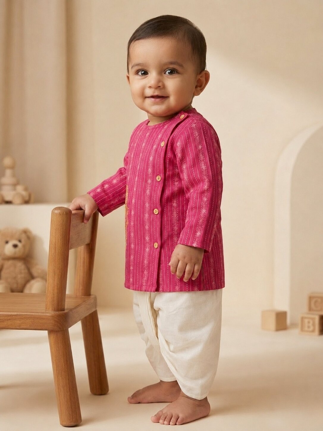 Pspeaches Baby Boy Magenta & White Ethnic Dobby Cotton Angrakha Kurta With Dhoti Set