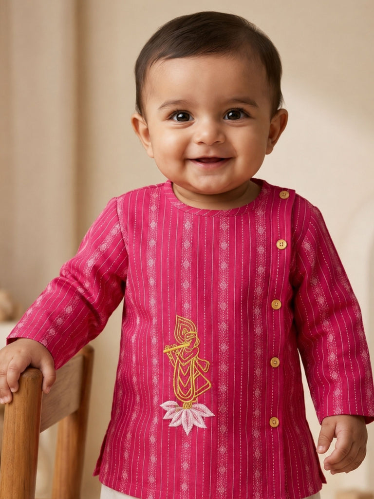 Pspeaches Baby Boy Magenta & White Ethnic Dobby Cotton Angrakha Kurta With Dhoti Set
