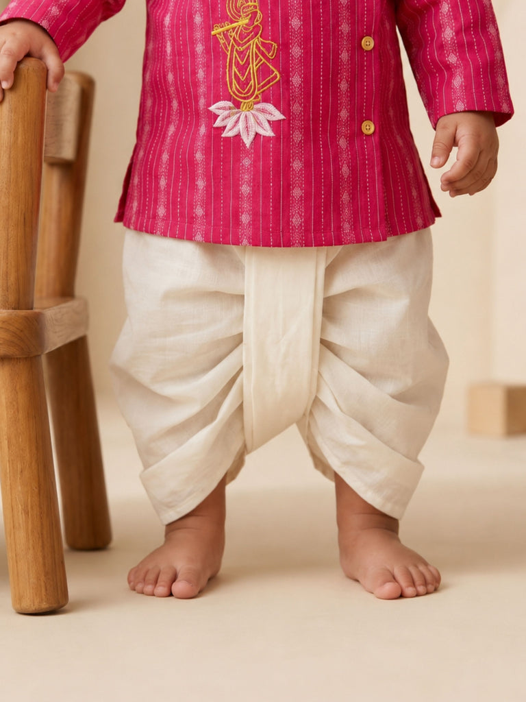 Pspeaches Baby Boy Magenta & White Ethnic Dobby Cotton Angrakha Kurta With Dhoti Set