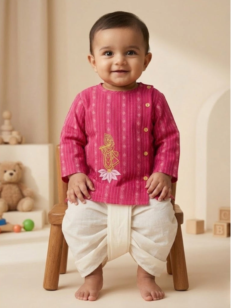 Pspeaches Baby Boy Magenta & White Ethnic Dobby Cotton Angrakha Kurta With Dhoti Set