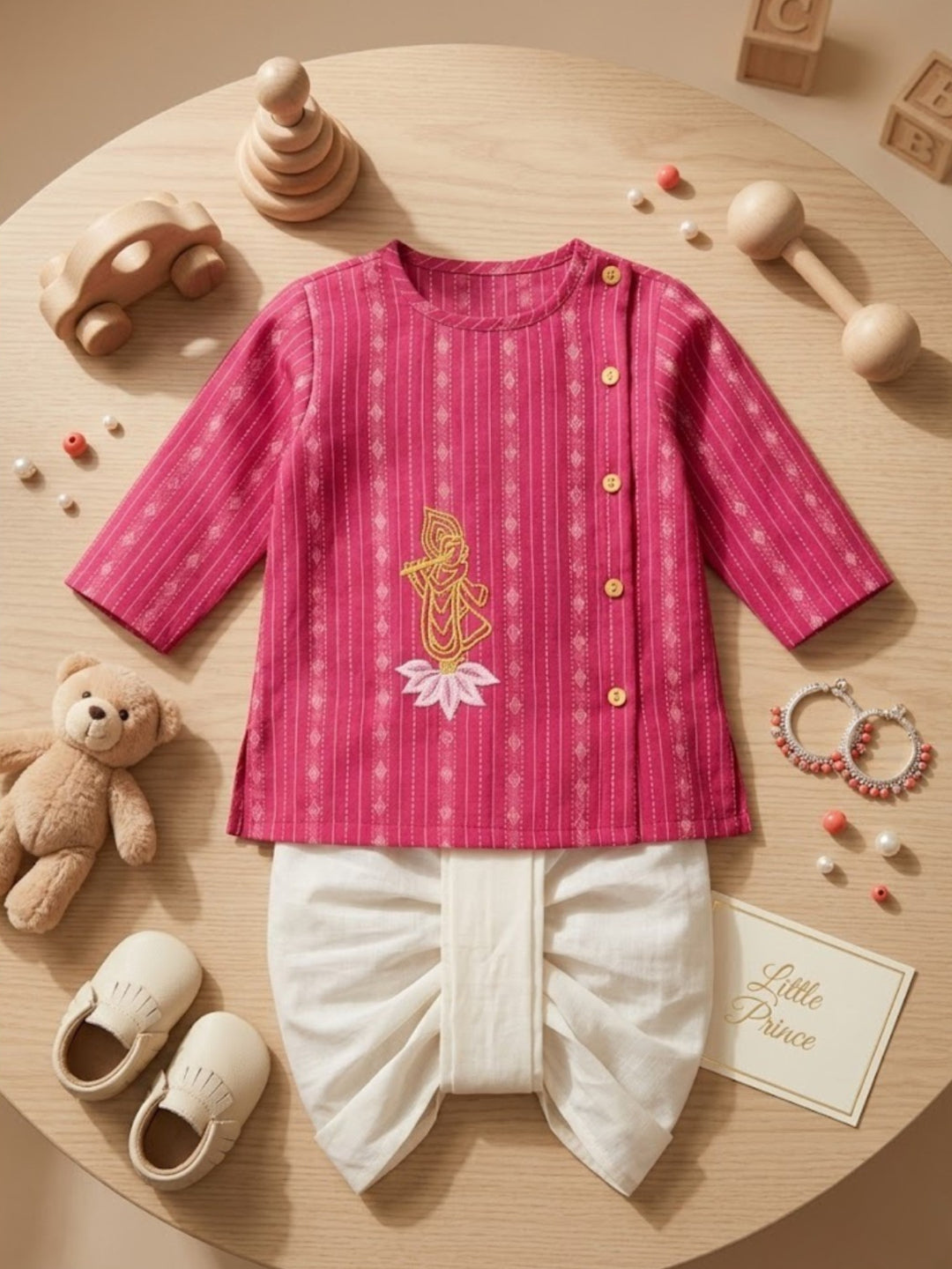 Pspeaches Baby Boy Magenta & White Ethnic Dobby Cotton Angrakha Kurta With Dhoti Set