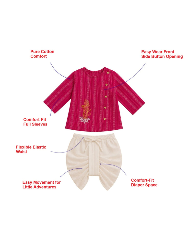 Pspeaches Baby Boy Magenta & White Ethnic Dobby Cotton Angrakha Kurta With Dhoti Set ( Sku-Inb-Dh-Magentadobby )
