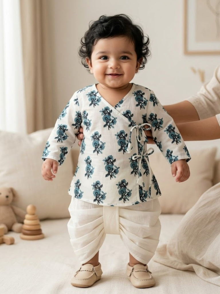 Pspeaches Baby Boy White Ethnic Floral Print Cotton Straight Fit Kurta With Dhoti Set