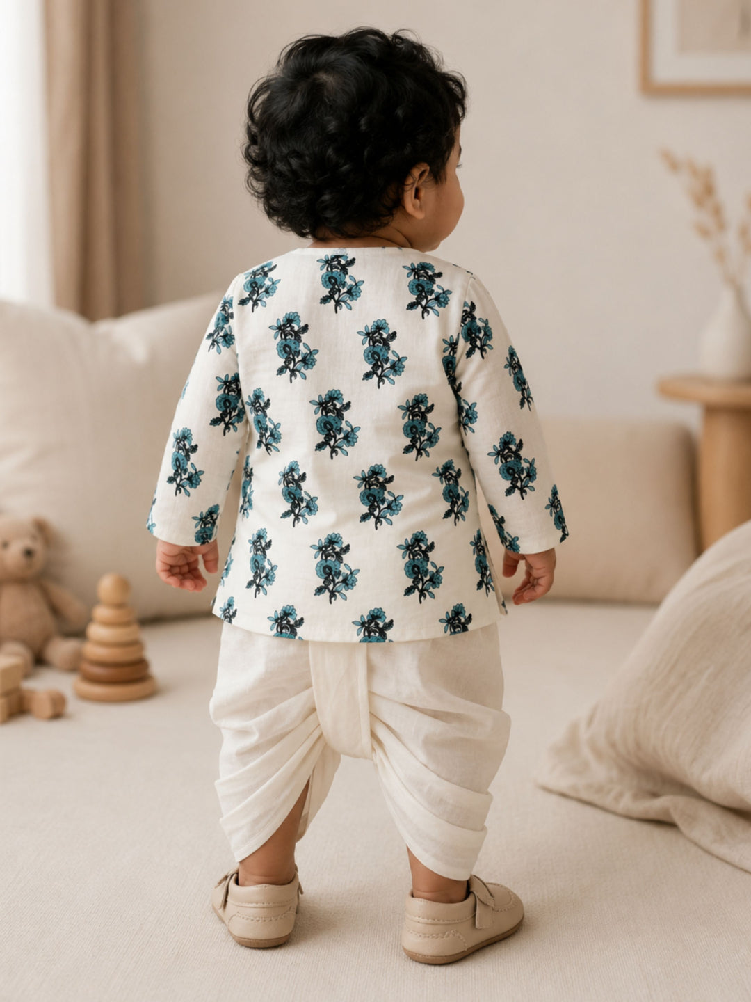 Pspeaches Baby Boy White Ethnic Floral Print Cotton Straight Fit Kurta With Dhoti Set