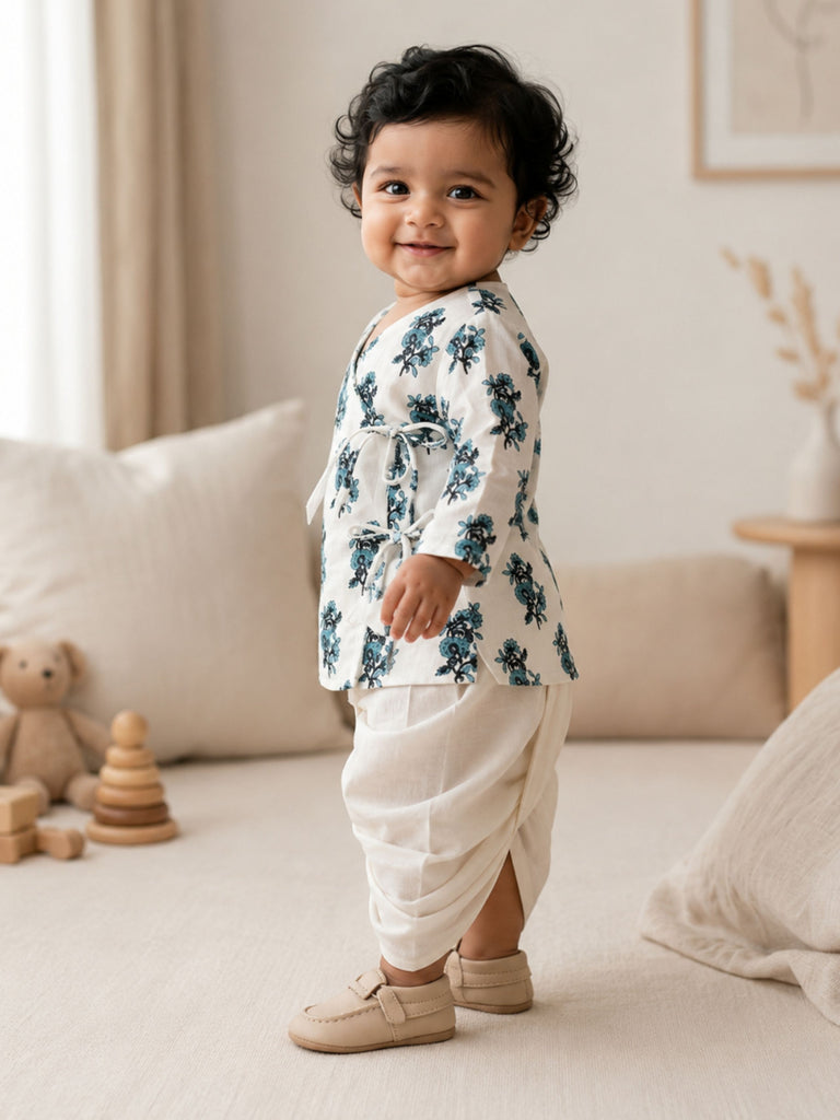 Pspeaches Baby Boy White Ethnic Floral Print Cotton Straight Fit Kurta With Dhoti Set