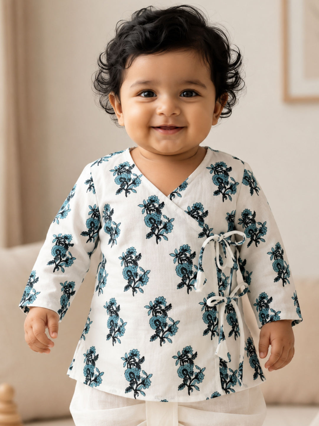 Pspeaches Baby Boy White Ethnic Floral Print Cotton Straight Fit Kurta With Dhoti Set