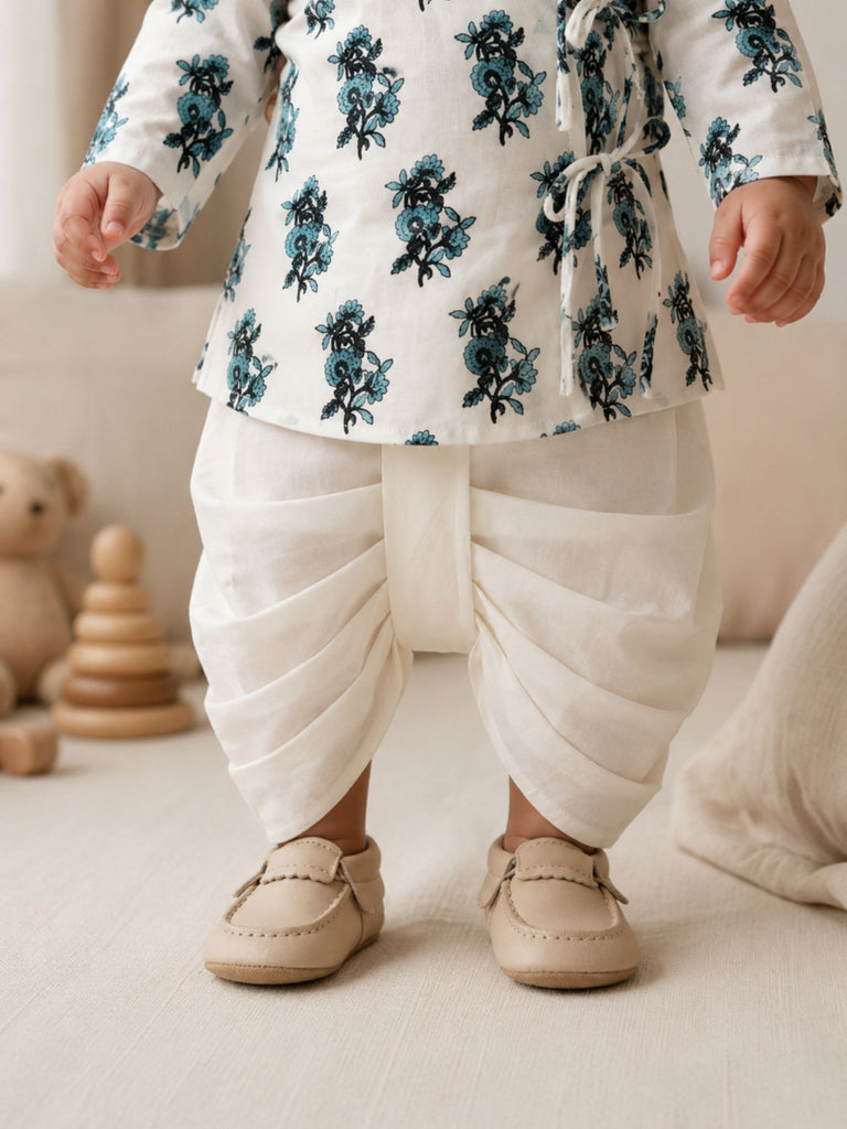 Pspeaches Baby Boy White Ethnic Floral Print Cotton Straight Fit Kurta With Dhoti Set
