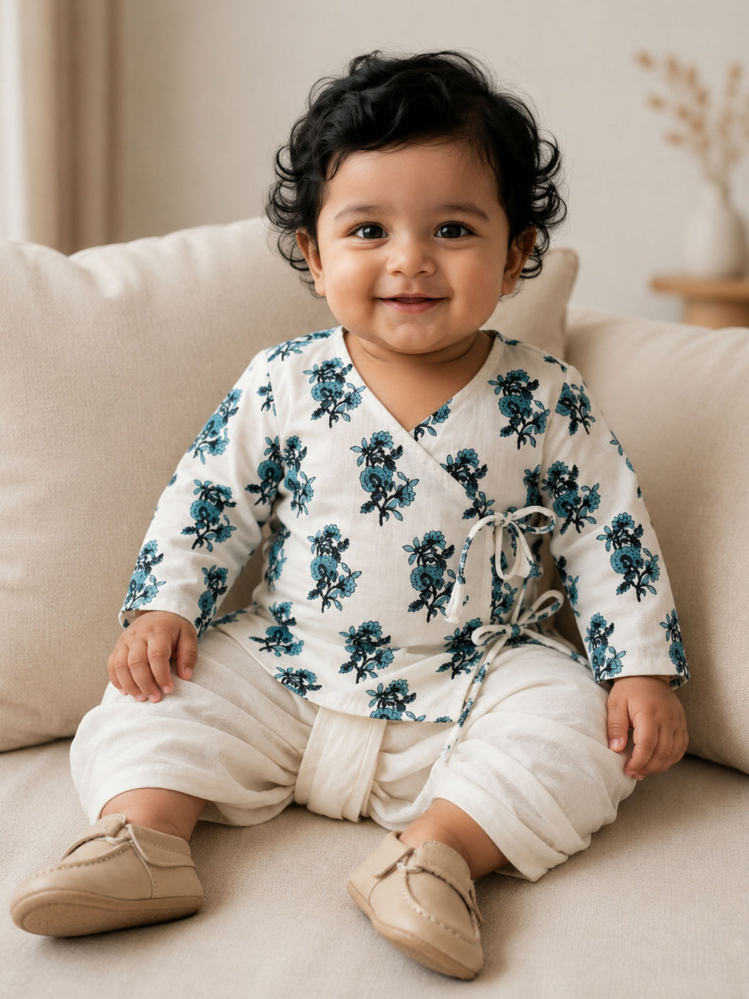 Pspeaches Baby Boy White Ethnic Floral Print Cotton Straight Fit Kurta With Dhoti Set