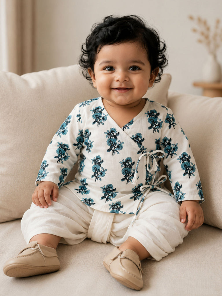 Pspeaches Baby Boy White Ethnic Floral Print Cotton Straight Fit Kurta With Dhoti Set