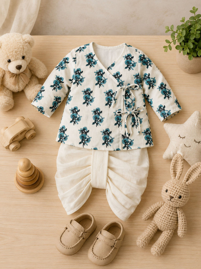 Pspeaches Baby Boy White Ethnic Floral Print Cotton Straight Fit Kurta With Dhoti Set