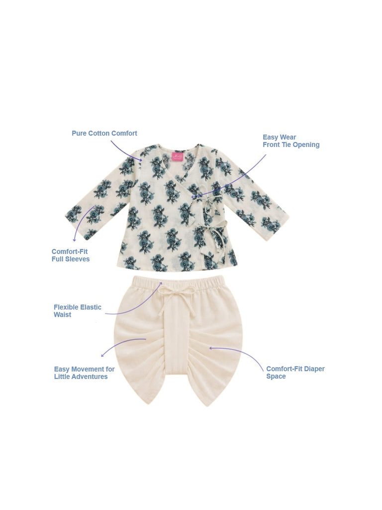 Pspeaches Baby Boy White Ethnic Floral Print Cotton Straight Fit Kurta With Dhoti Set ( Sku-Inb-Dh-Blueprint )
