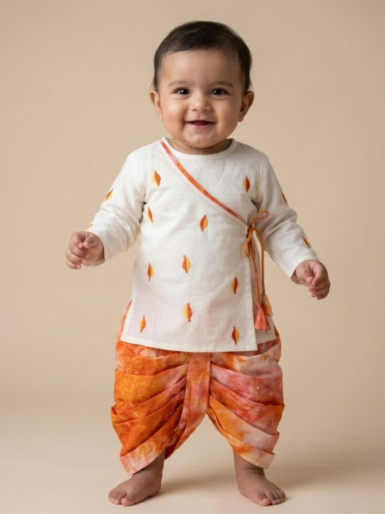 Pspeaches Baby Boy Cream & Orange Ethnic Embroidery Cotton Angrakha Kurta With Dhoti Set