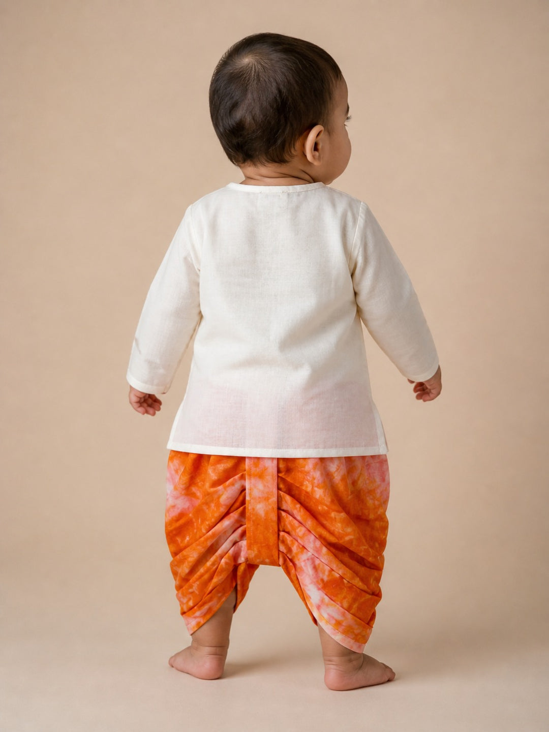 Pspeaches Baby Boy Cream & Orange Ethnic Embroidery Cotton Angrakha Kurta With Dhoti Set