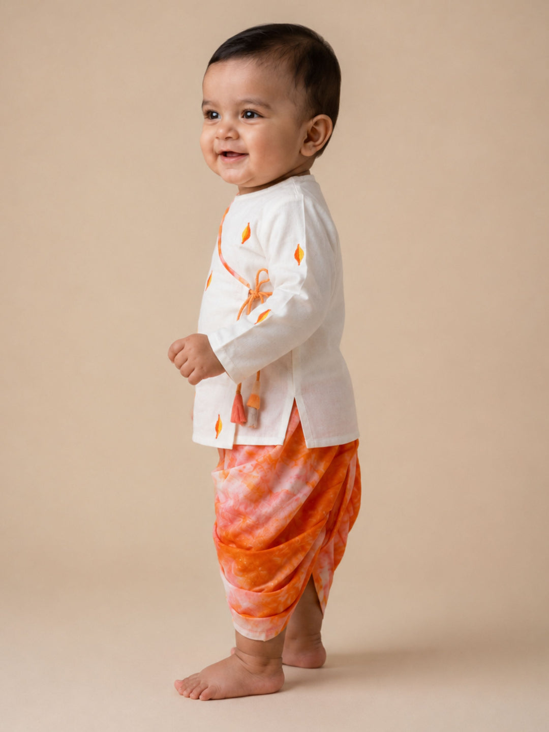 Pspeaches Baby Boy Cream & Orange Ethnic Embroidery Cotton Angrakha Kurta With Dhoti Set
