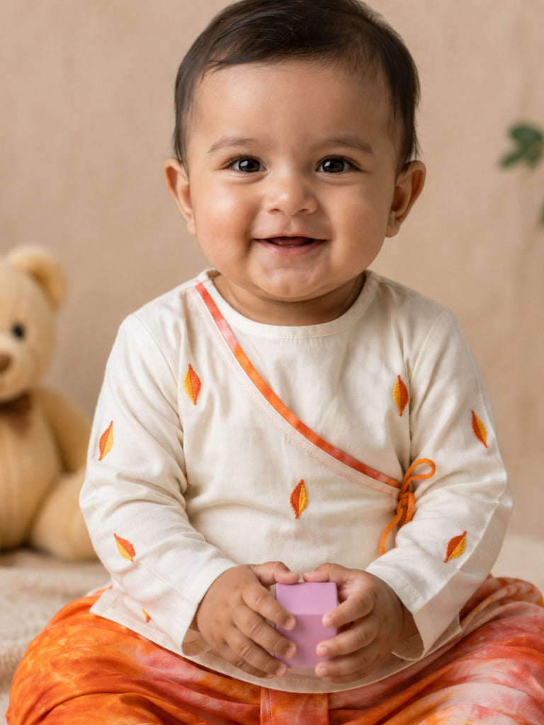 Pspeaches Baby Boy Cream & Orange Ethnic Embroidery Cotton Angrakha Kurta With Dhoti Set