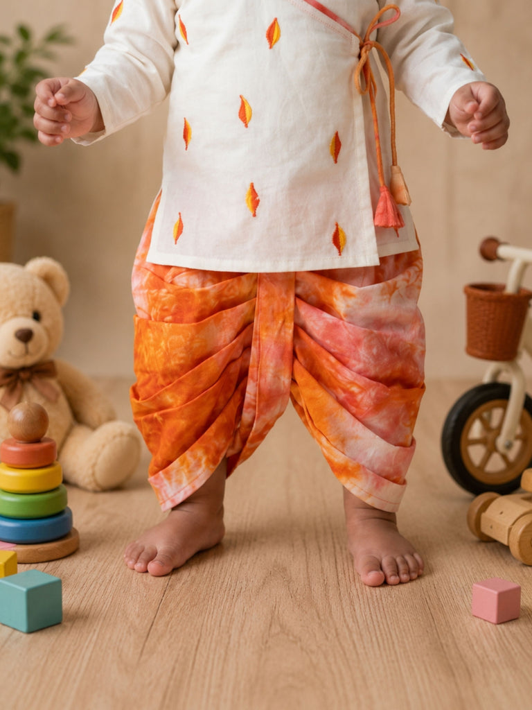 Pspeaches Baby Boy Cream & Orange Ethnic Embroidery Cotton Angrakha Kurta With Dhoti Set
