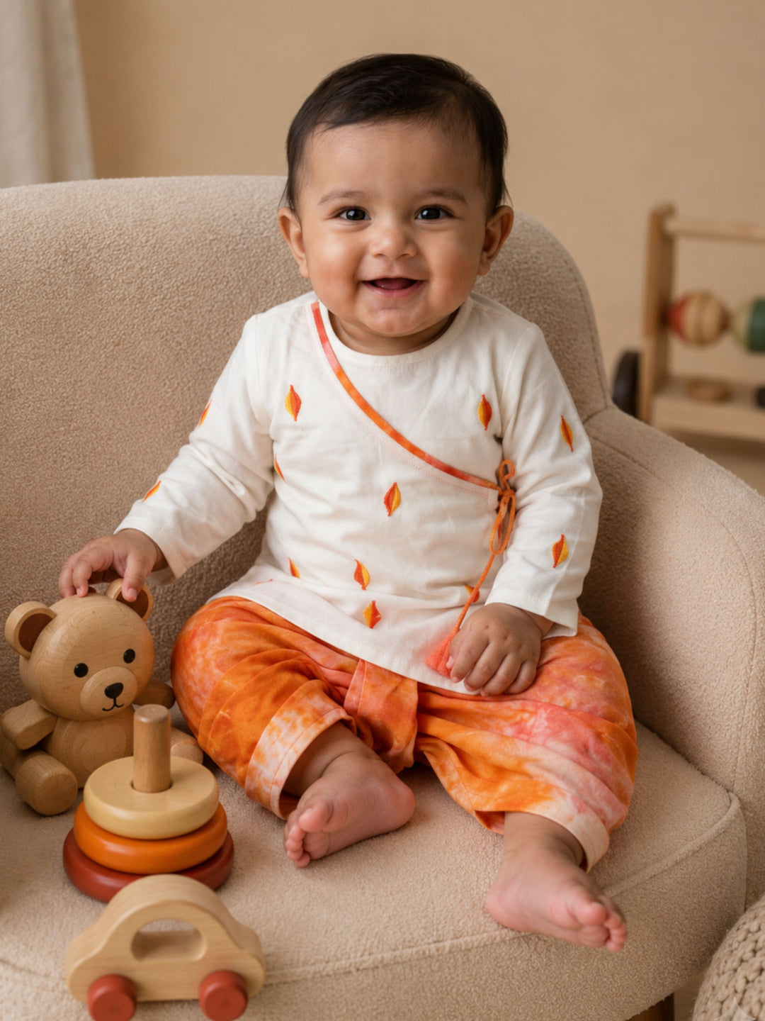 Pspeaches Baby Boy Cream & Orange Ethnic Embroidery Cotton Angrakha Kurta With Dhoti Set