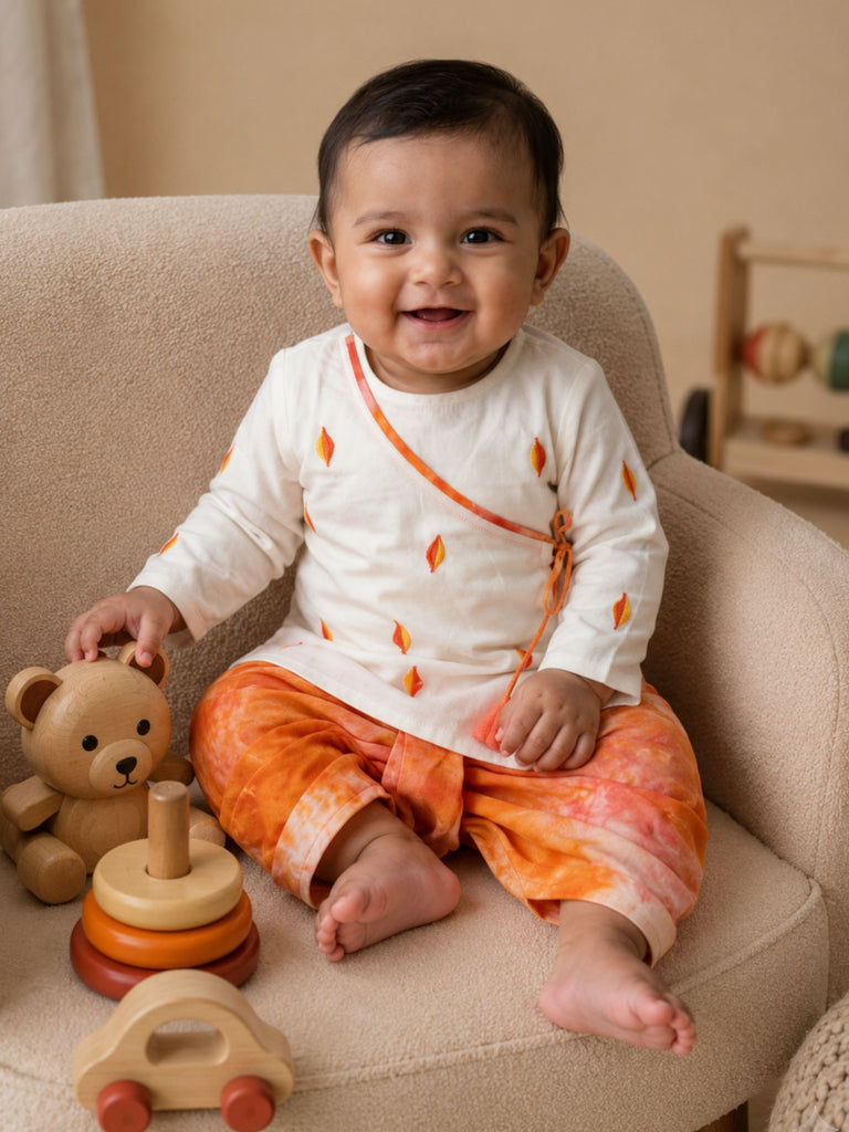 Pspeaches Baby Boy Cream & Orange Ethnic Embroidery Cotton Angrakha Kurta With Dhoti Set