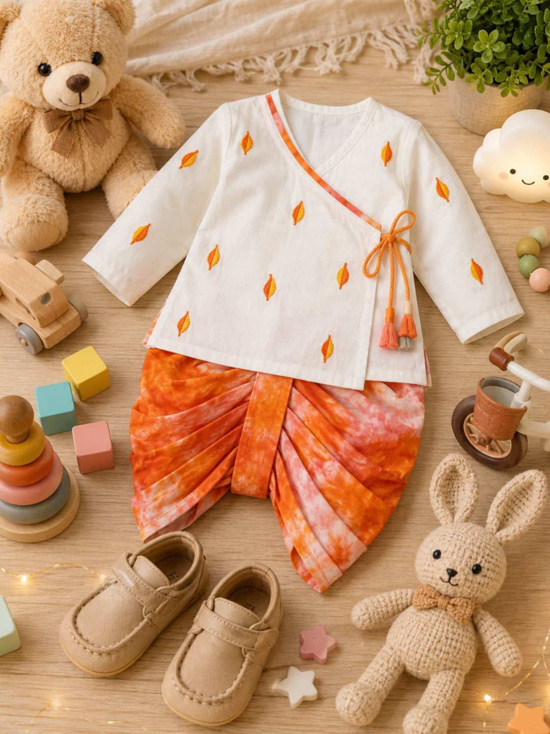 Pspeaches Baby Boy Cream & Orange Ethnic Embroidery Cotton Angrakha Kurta With Dhoti Set