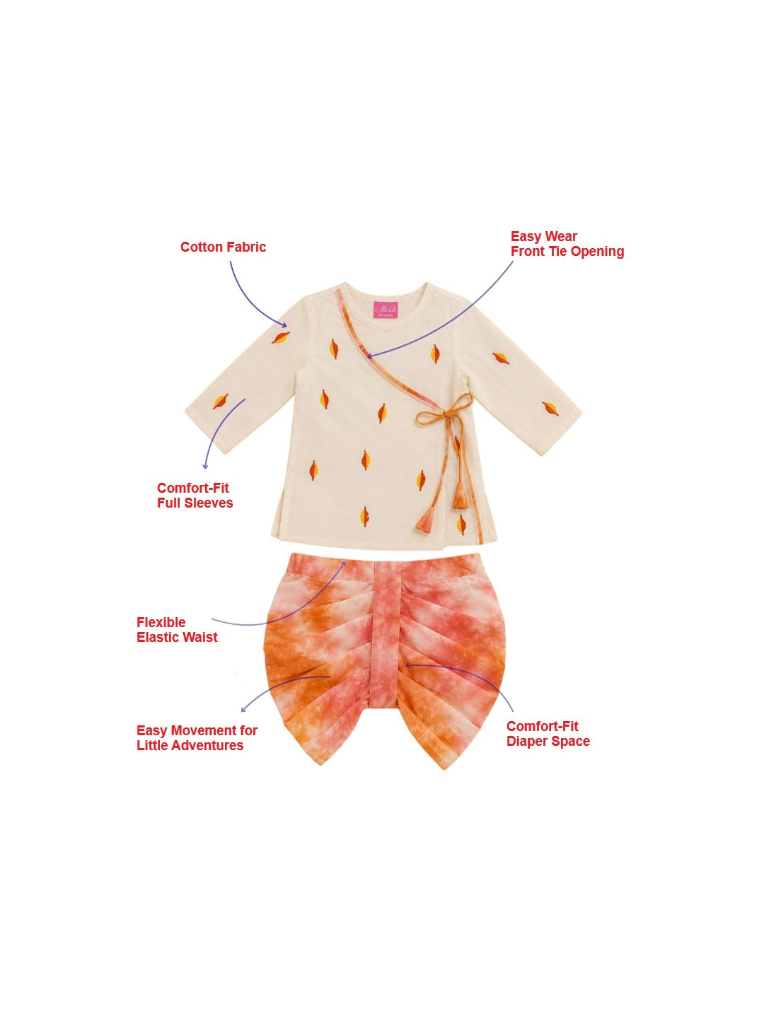 Pspeaches Baby Boy Cream & Orange Ethnic Embroidery Cotton Angrakha Kurta With Dhoti Set ( Sku-Inb-Dh-Dhotiorange )