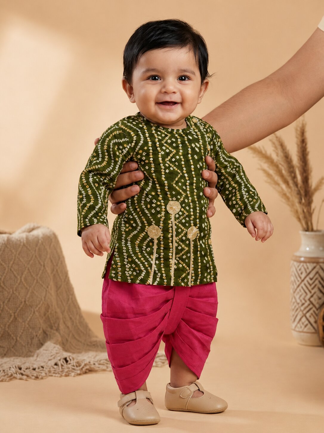 Pspeaches Baby Boy Green & Magenta Ethnic Bandhani Rayon Angrakha Kurta With Dhoti Set