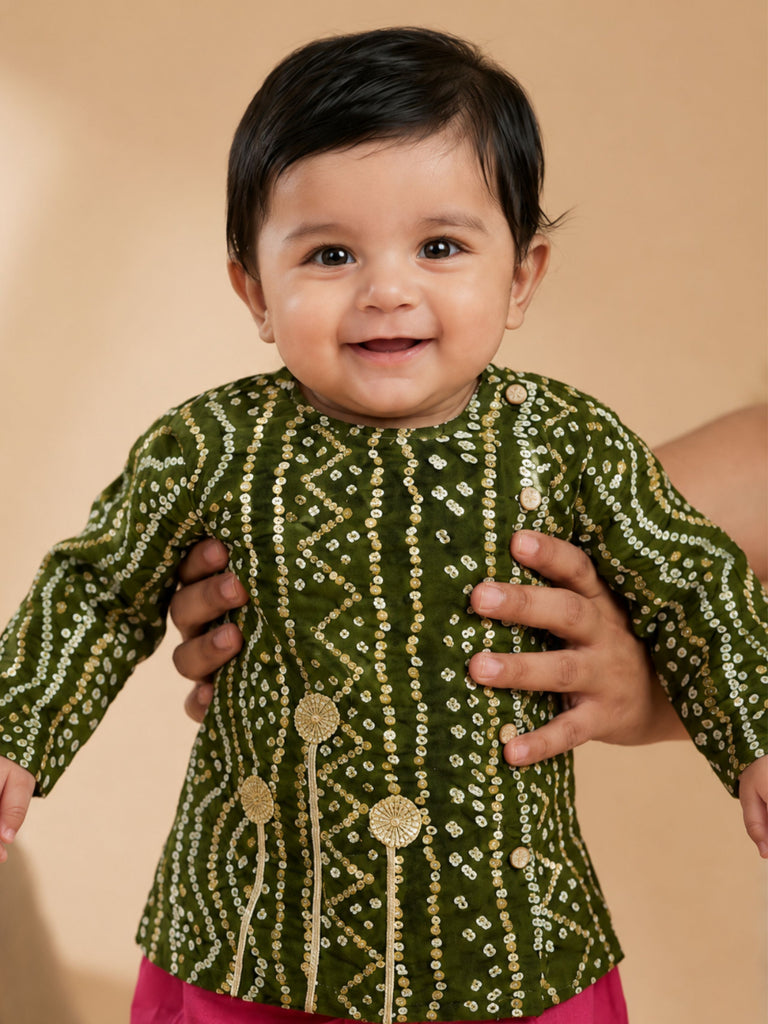 Pspeaches Baby Boy Green & Magenta Ethnic Bandhani Rayon Angrakha Kurta With Dhoti Set
