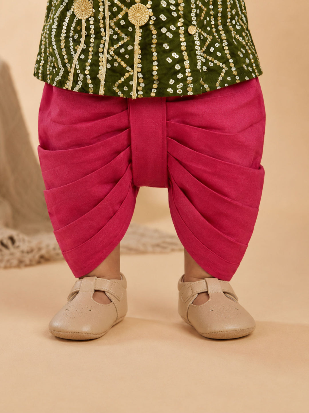 Pspeaches Baby Boy Green & Magenta Ethnic Bandhani Rayon Angrakha Kurta With Dhoti Set
