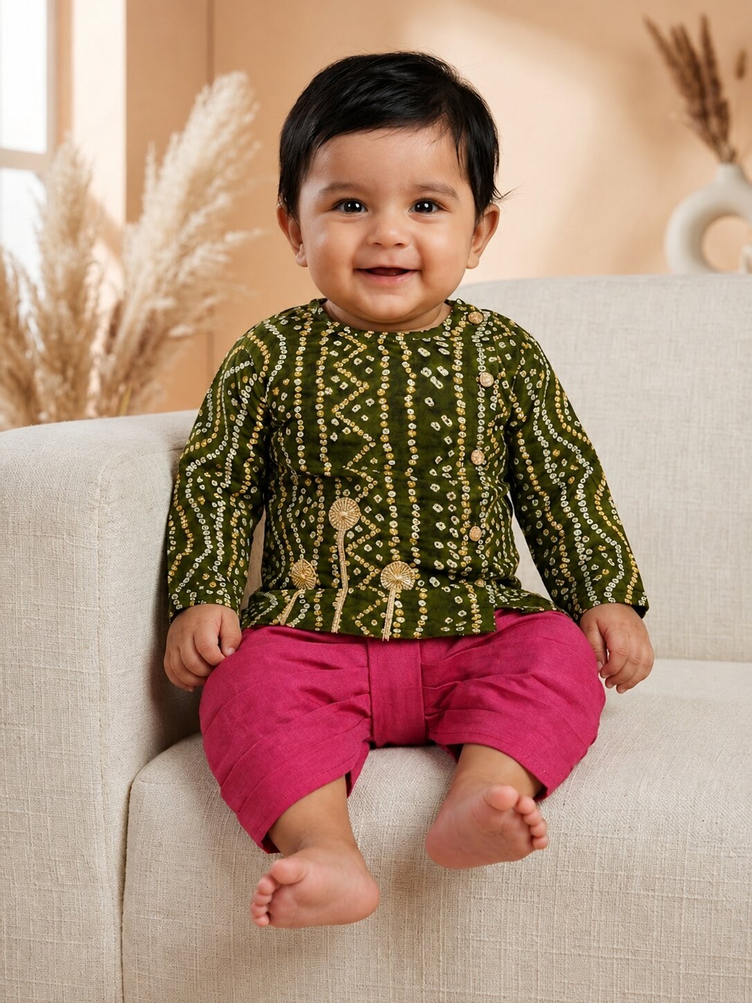 Pspeaches Baby Boy Green & Magenta Ethnic Bandhani Rayon Angrakha Kurta With Dhoti Set
