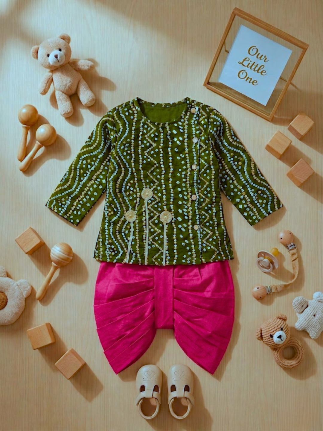 Pspeaches Baby Boy Green & Magenta Ethnic Bandhani Rayon Angrakha Kurta With Dhoti Set