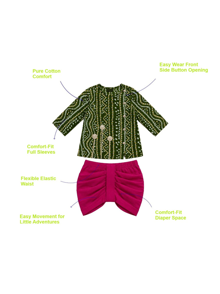 Pspeaches Baby Boy Green & Magenta Ethnic Bandhani Rayon Angrakha Kurta With Dhoti Set ( Sku-Inb-Dh-Greenbandhani )