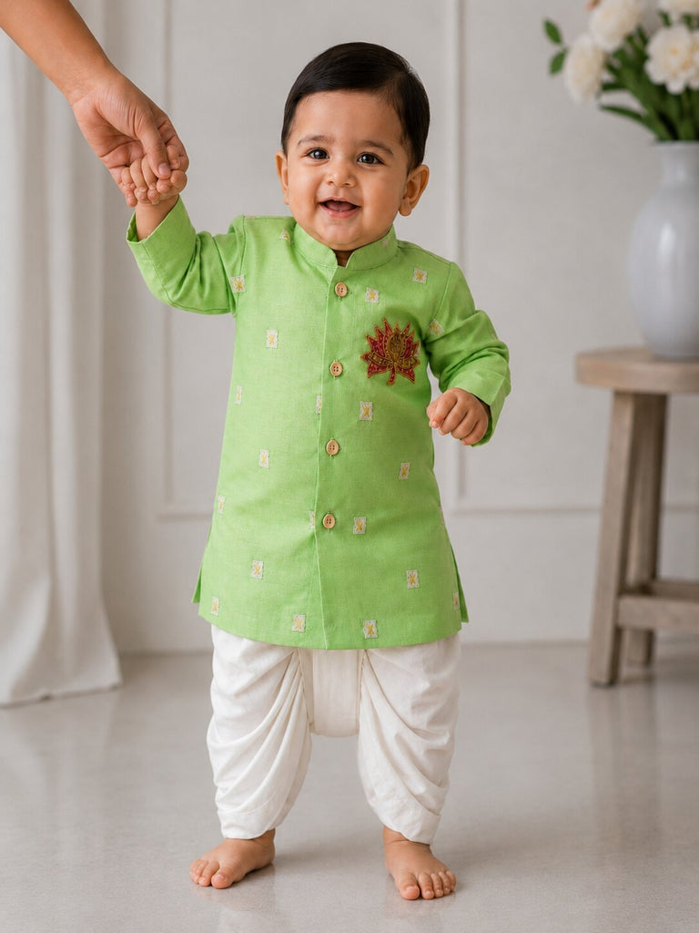 Pspeaches Baby Boy Sage Green Ethnic Stripe Dupion Straight Fit Kurta With Dhoti Set