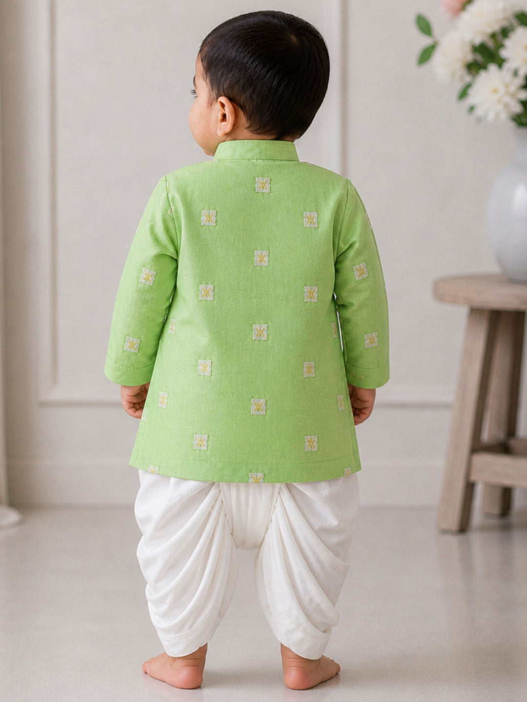 Pspeaches Baby Boy Sage Green Ethnic Stripe Dupion Straight Fit Kurta With Dhoti Set