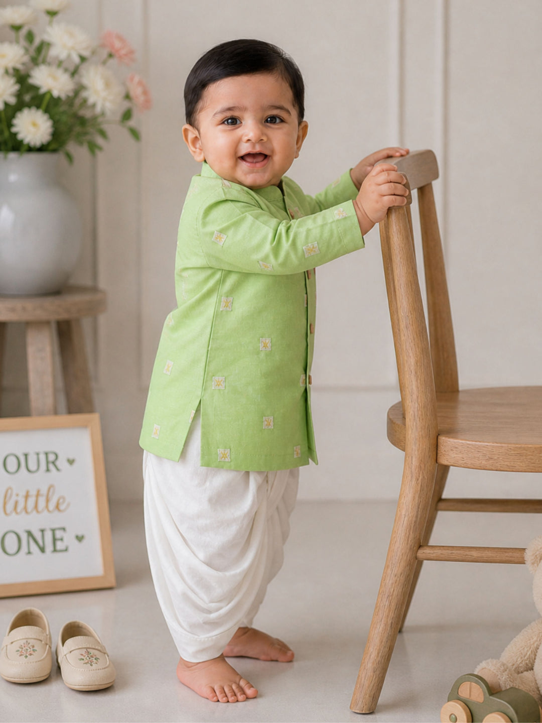 Pspeaches Baby Boy Sage Green Ethnic Stripe Dupion Straight Fit Kurta With Dhoti Set