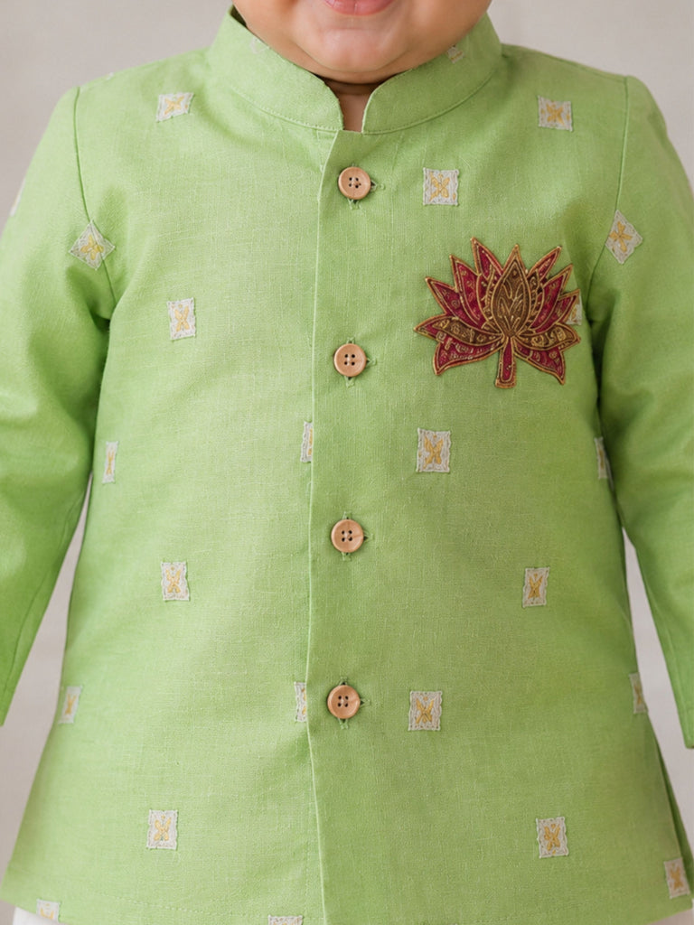 Pspeaches Baby Boy Sage Green Ethnic Stripe Dupion Straight Fit Kurta With Dhoti Set