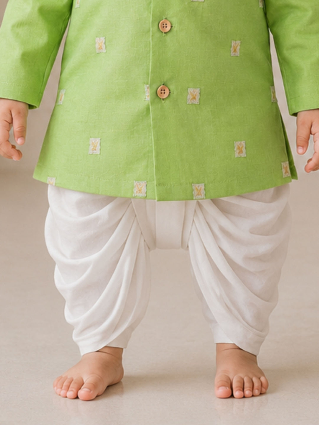 Pspeaches Baby Boy Sage Green Ethnic Stripe Dupion Straight Fit Kurta With Dhoti Set