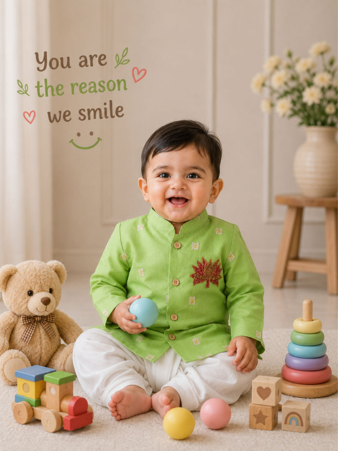 Pspeaches Baby Boy Sage Green Ethnic Stripe Dupion Straight Fit Kurta With Dhoti Set